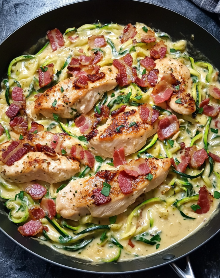 One-Pan Creamy Chicken and Bacon Zucchini Noodles