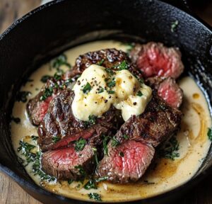 Cast Iron Bavette Steak with Whiskey Garlic Cream Sauce
