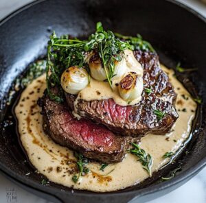 Cast Iron Bavette Steak with Whiskey Garlic Cream Sauce