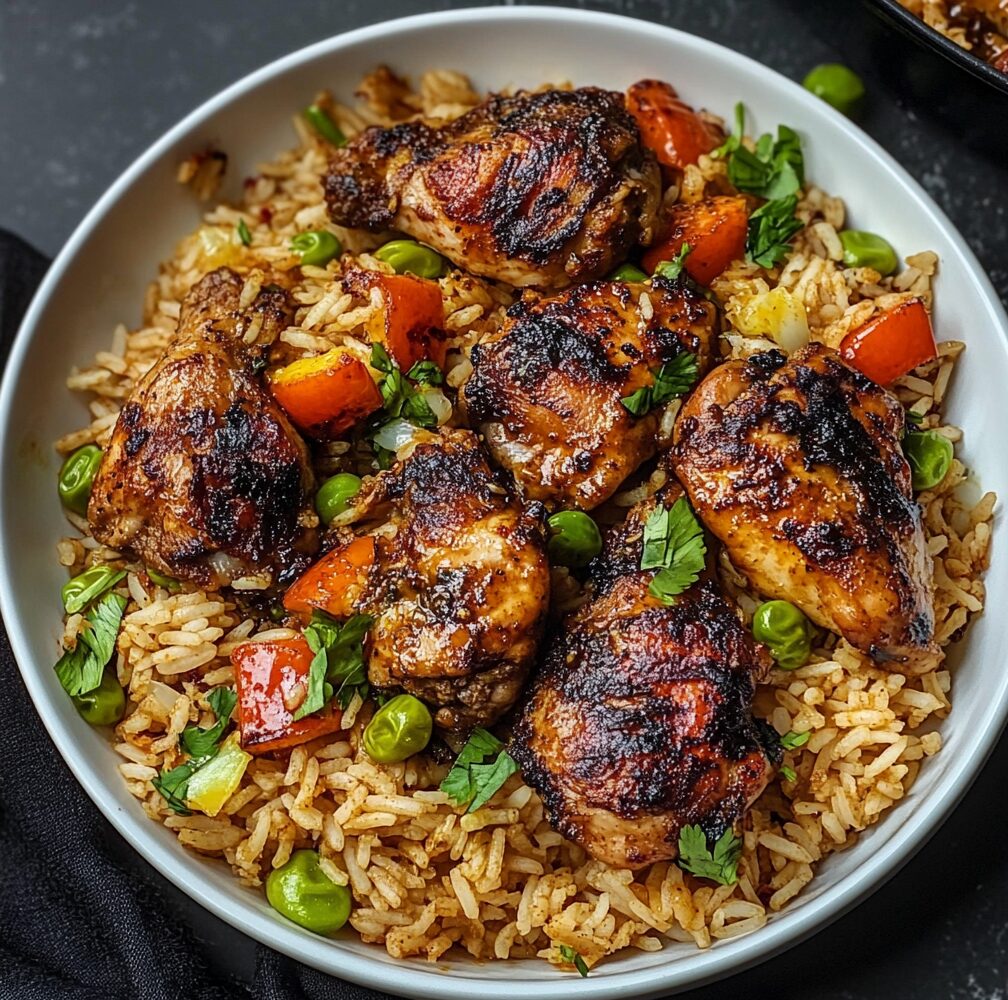 Beautifully plated Caribbean Jerk Chicken with Rice