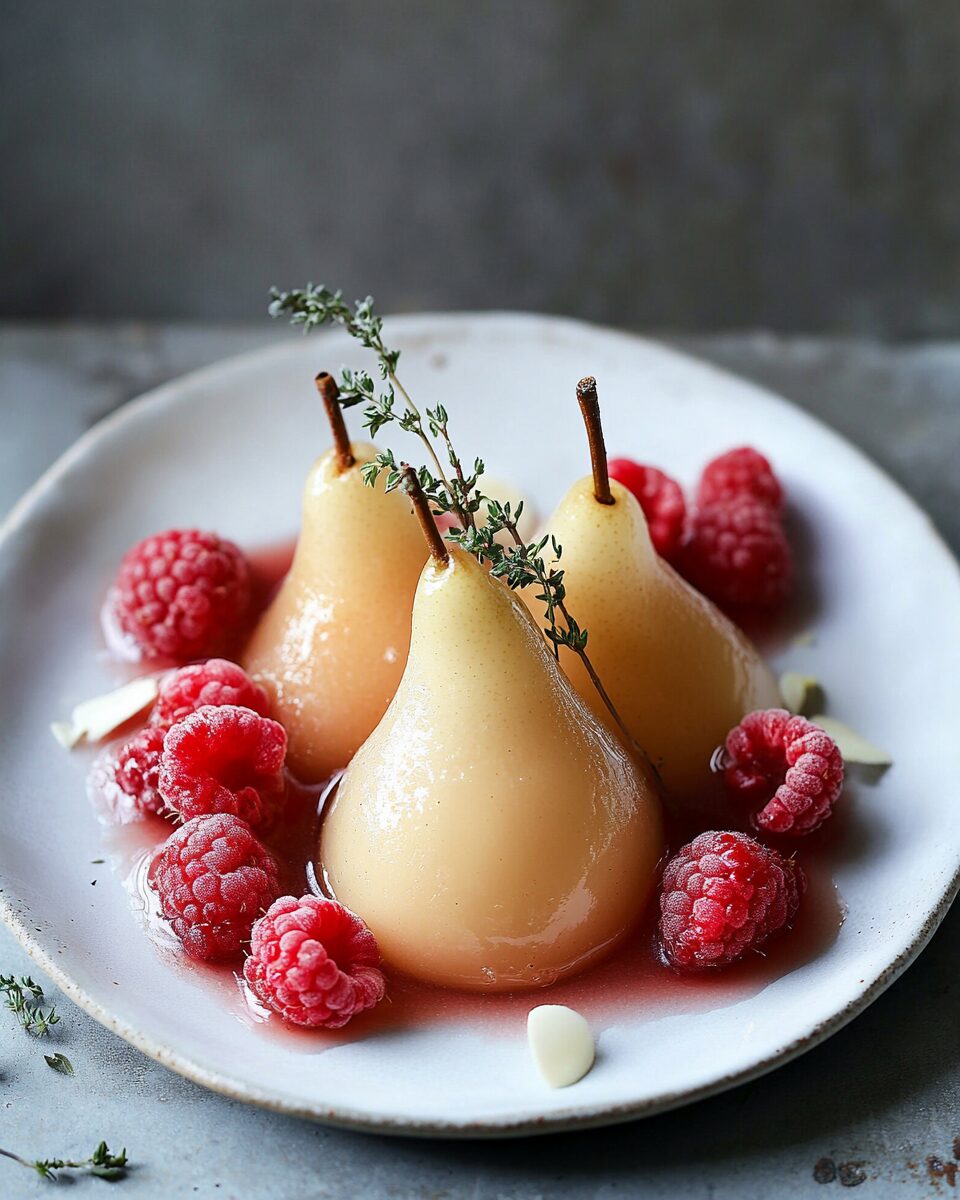 Vanilla Bean Lemon Thyme Raspberry Poached Pears