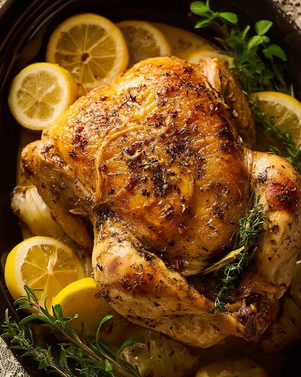 Slow Cooker Lemon Garlic Roast Chicken