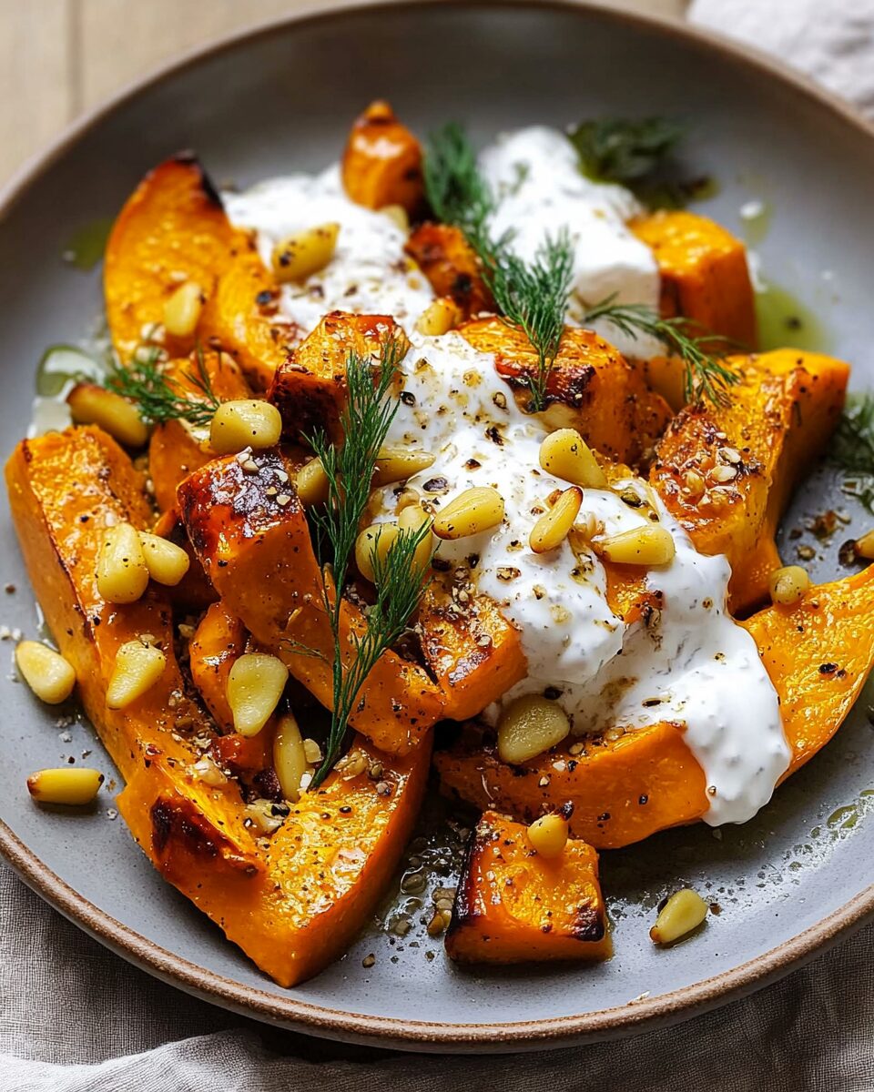 Roasted Pumpkin with Yogurt Sauce and Pine Nuts