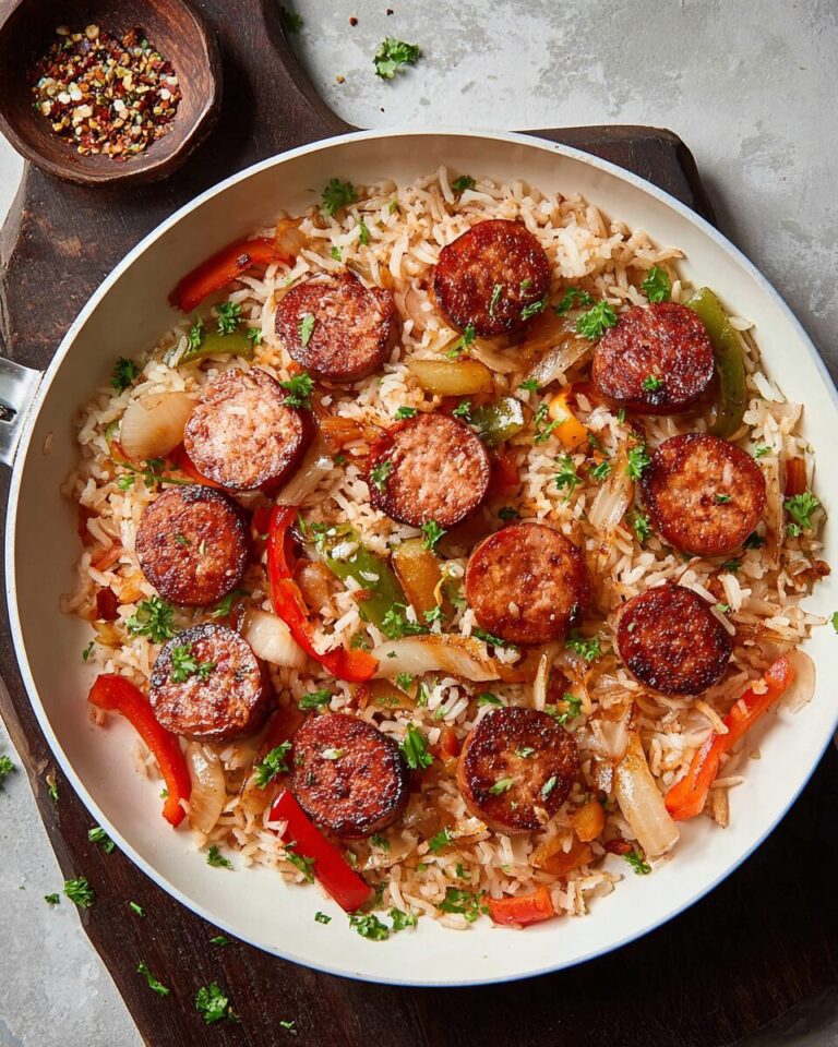 One-Skillet Onion and Pepper Kielbasa with Rice