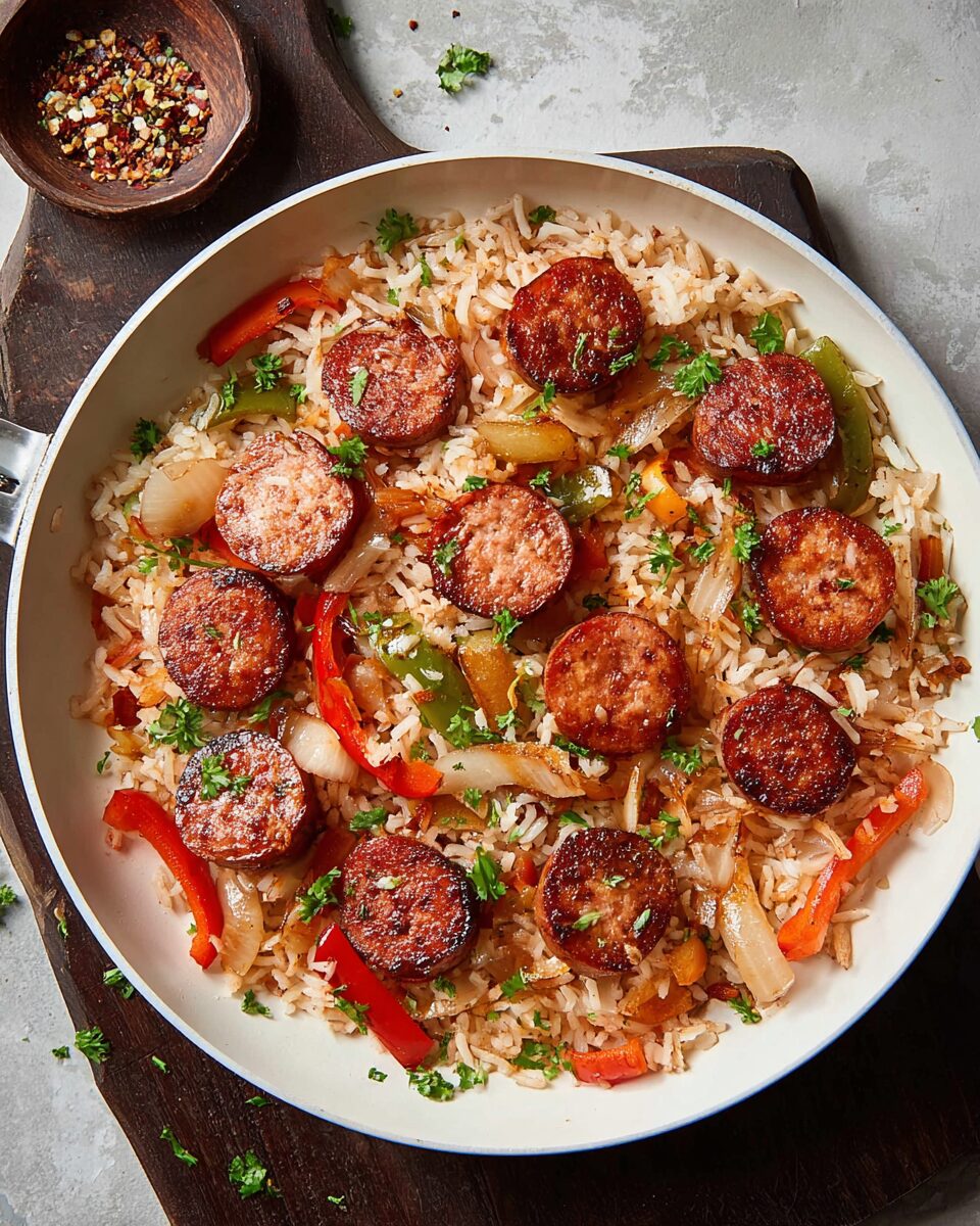 One-Skillet Onion and Pepper Kielbasa with Rice
