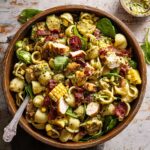 Pesto Chicken, Corn, Avocado, and Bacon Pasta Salad