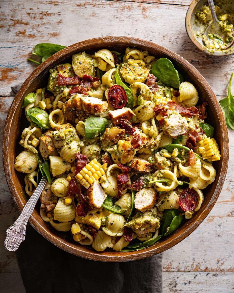 Pesto Chicken, Corn, Avocado, and Bacon Pasta Salad