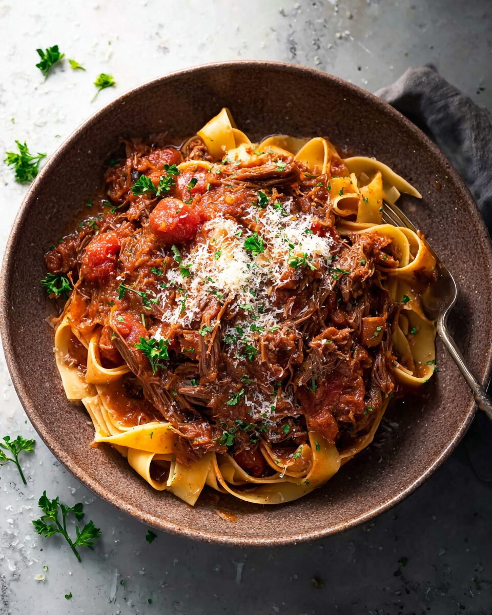 Slow Cooked Shredded Beef Ragu Pasta