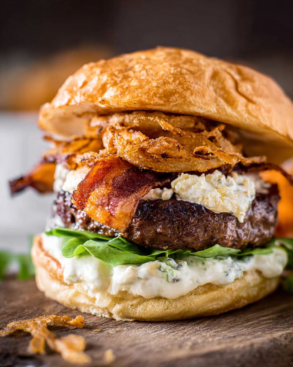 Bacon and Goat Cheese Aioli Burger with Crispy Onions