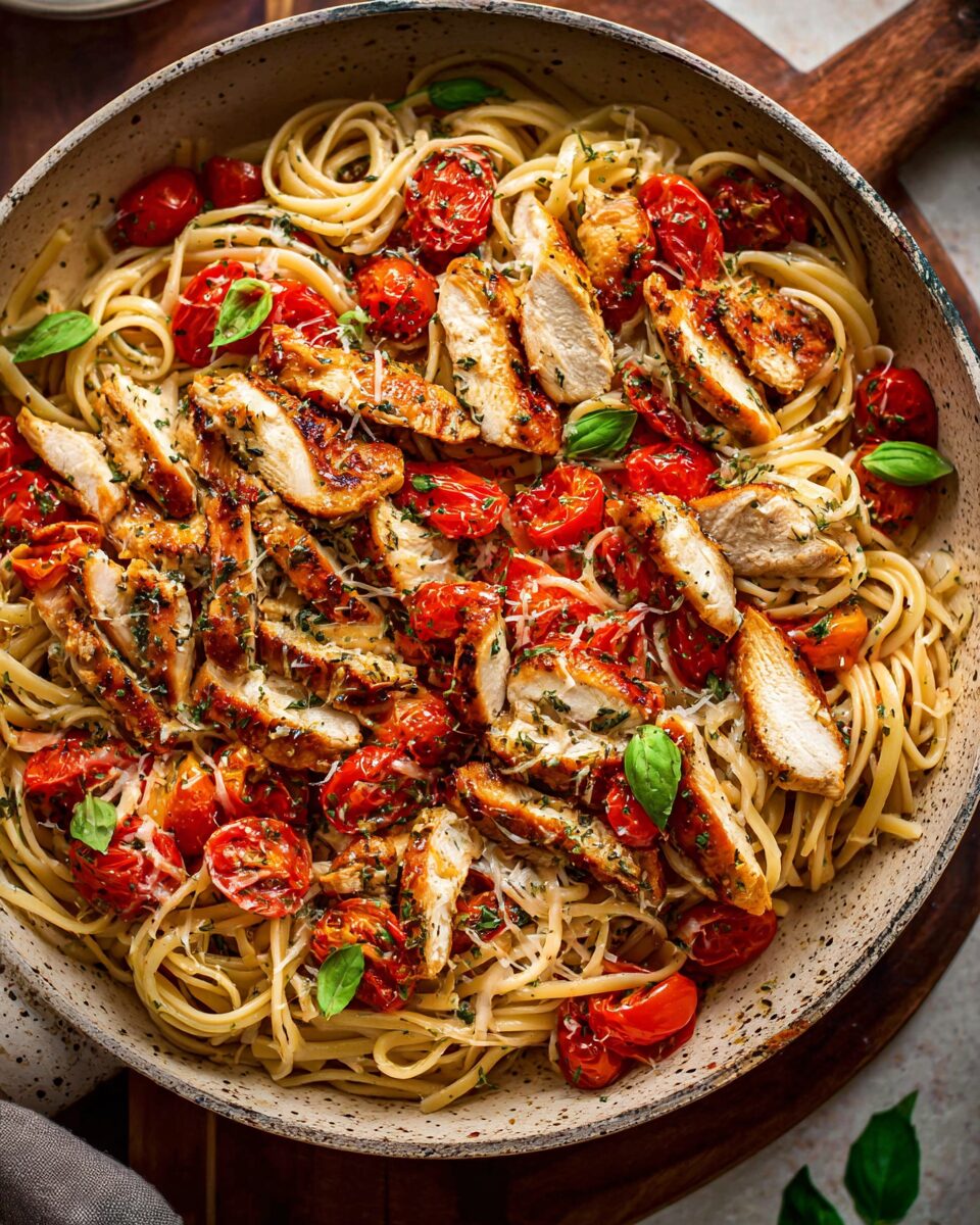 Garlicky Chicken Pasta with Fresh Bruschetta Topping