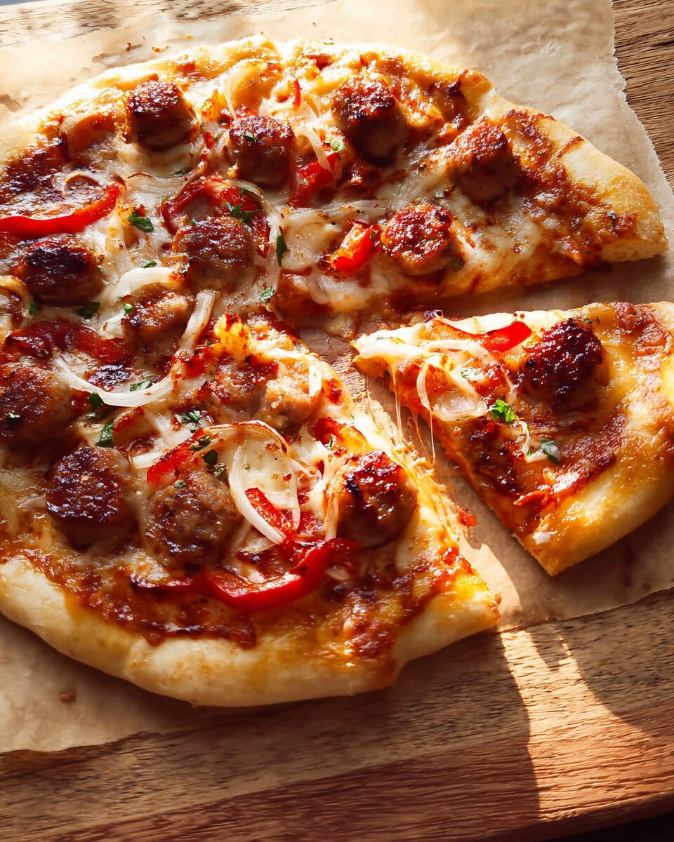 Crispy Sausage Pizza with Melty Cheese and Perfectly Seasoned Toppings