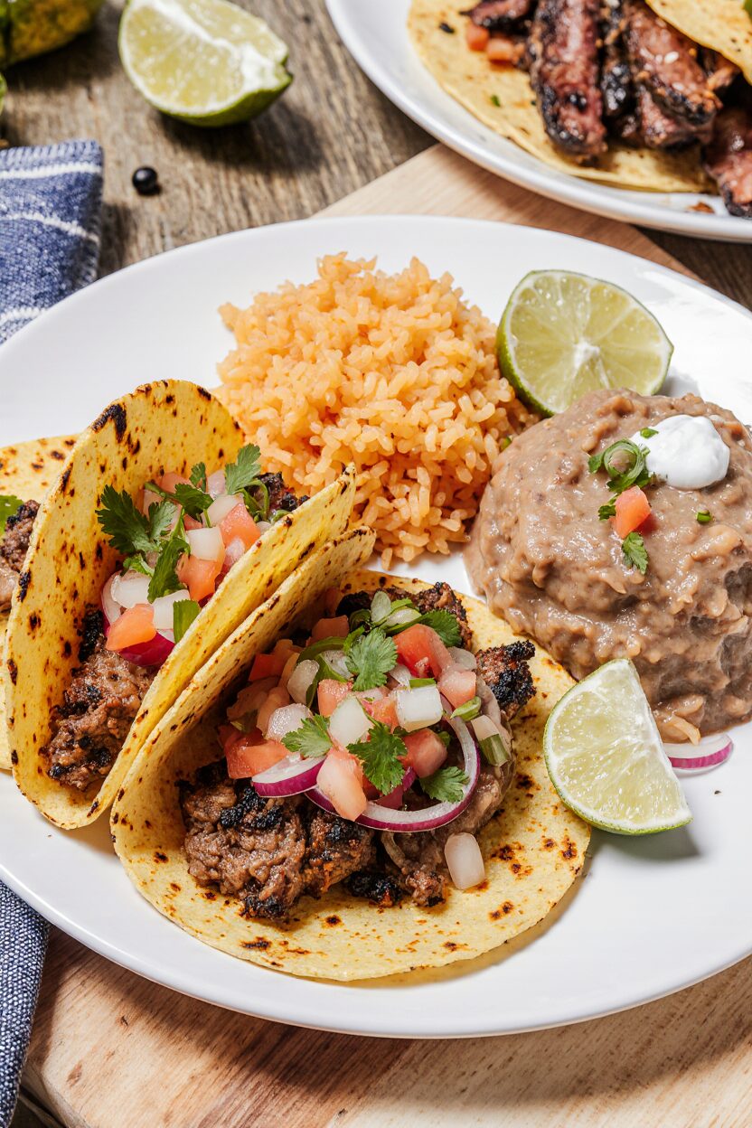 Skirt Steak Tacos with Refried Beans and Mexican Rice