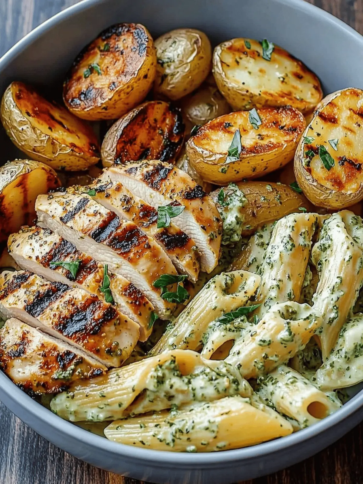Loaded Herb Grilled Chicken with Creamy Pesto Pasta & Roasted Potatoes