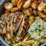 Loaded Herb Grilled Chicken with Creamy Pesto Pasta & Roasted Potatoes