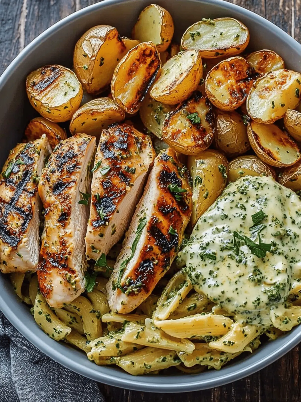 Loaded Herb Grilled Chicken with Creamy Pesto Pasta & Roasted Potatoes