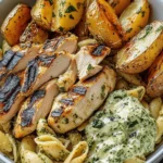 Loaded Herb Grilled Chicken with Creamy Pesto Pasta & Roasted Potatoes