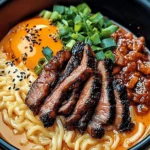 Spicy Korean Ramen with Grilled Beef & Creamy Sauce