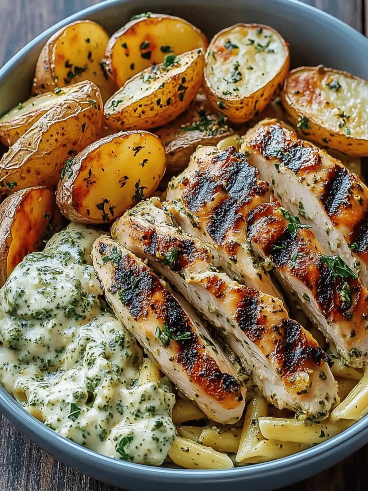 Loaded Herb Grilled Chicken with Creamy Pesto Pasta & Roasted Potatoes