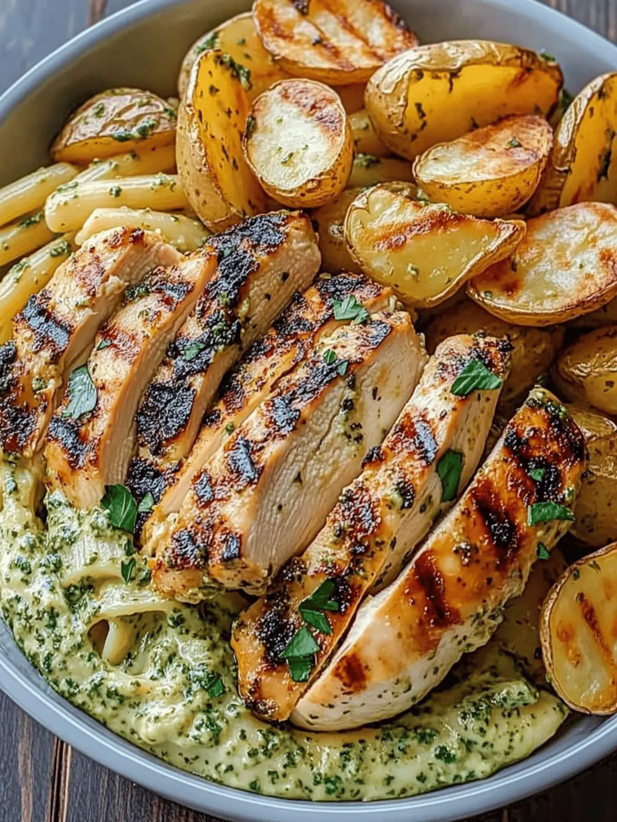 Loaded Herb Grilled Chicken with Creamy Pesto Pasta & Roasted Potatoes